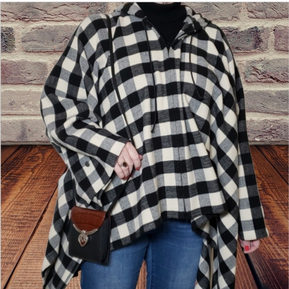 WORTH Black Ivory Buffalo Check Hooded Blanket Poncho Cape Oversized
